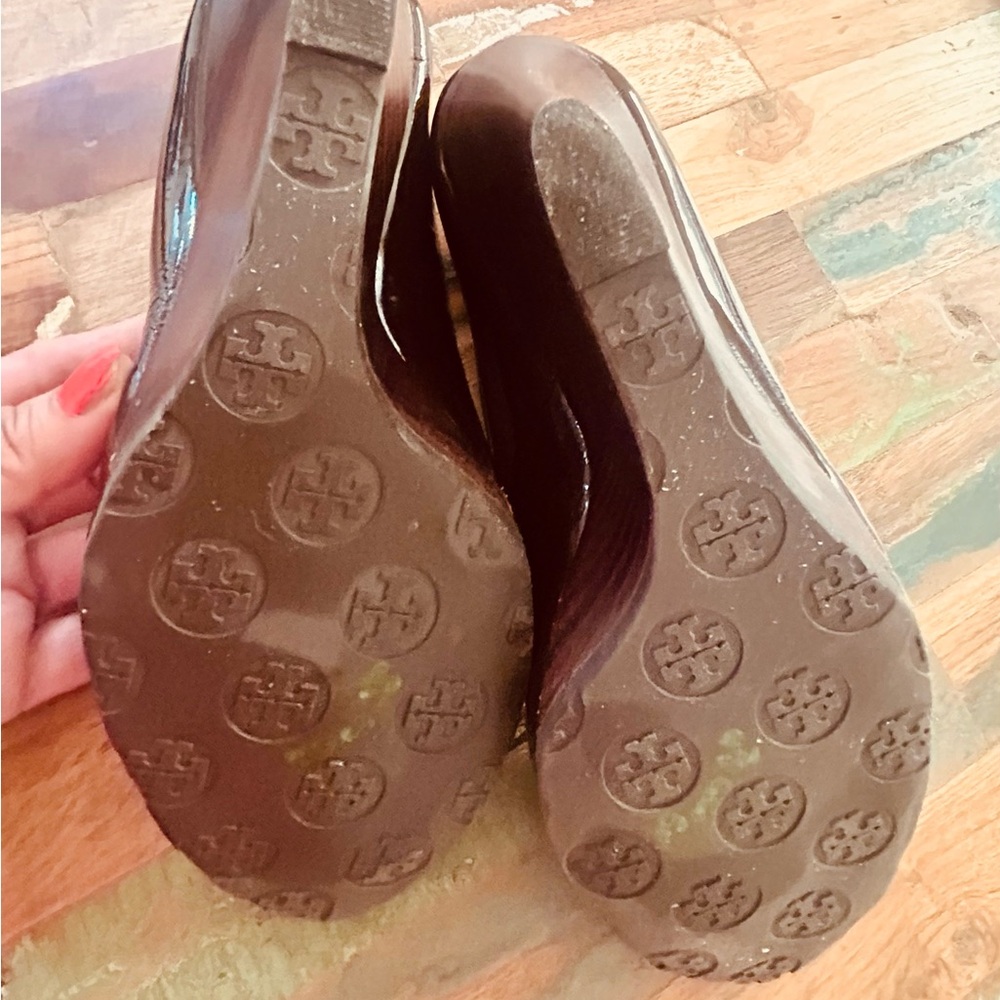 Tory Burch Brown Patent leather Peep-toe wedges. - Picture 6 of 16